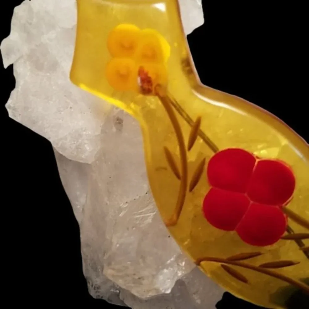 Vintage Reverse Carved Apple Juice Bakelite Brooch Hand Painted